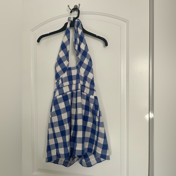 Maeve Anthropologie Halter Micro-Mini Blue Gignham romper size 6 preppy plaid - Picture 7 of 16